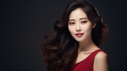 Fototapeta premium Elegant woman with flowing hair in red dress. Beauty and fashion.