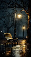 Fototapeta na wymiar Street light on empty city park Bench in Rainy Night