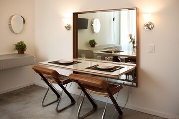 A compact dining area with a wall-mounted table, foldable chairs, and a mirror, maximizing space and creating a functional yet stylish setting
