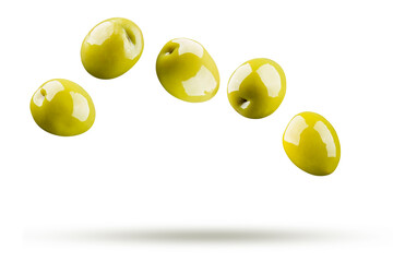 Green olives falling isolated on white background