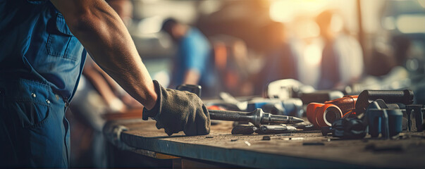Wrenchs and hard tools for mechanic work on the table. Car service garage. - obrazy, fototapety, plakaty