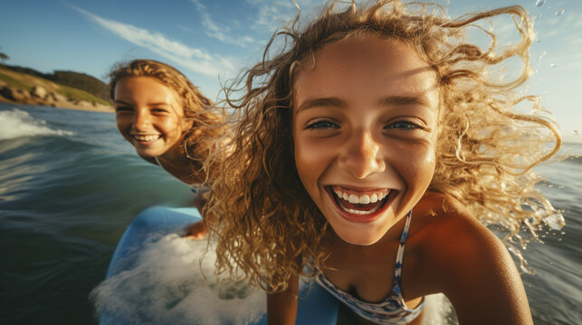 two happy curly little girls sisters, riding a surfboard, taking a selfie together against the blue sky and ocean, children leading a healthy active lifestyle, high quality photo