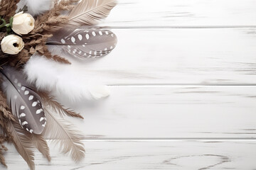 Easter Eggs and Feathers in Nest on Wooden Background - Holiday Delight - Created with Generative AI Tools