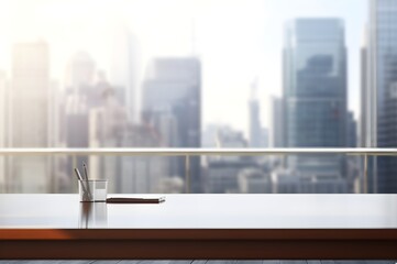 Office table with blurry city view. Good for background in business concept. Generative AI