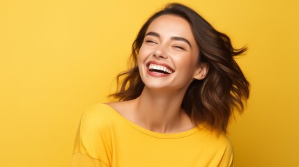 Happy smiling woman on yellow background.