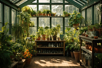 Fototapeta na wymiar A greenhouse filled with various shades of green from different plant species, illustrating biodiversity in agriculture. Generative Ai.