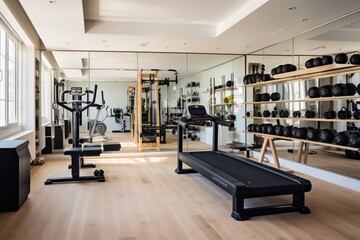 Fototapeta na wymiar A compact home gym with wall-mounted exercise equipment, mirrored walls, and a motivational quote for fitness enthusiasts
