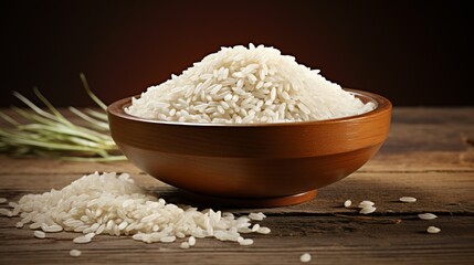 Bowl of rice on a wooden table.