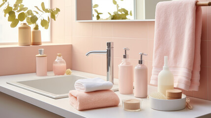 Fototapeta na wymiar pastel pink Easter-inspired bathroom interior, pink tiles, towels, and bottles standing on the sink