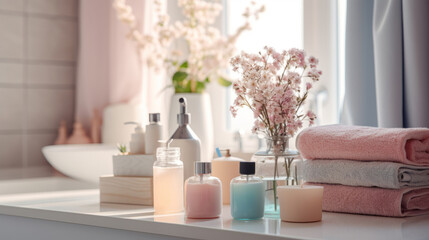Fototapeta na wymiar pastel Easter-inspired bathroom interior with spring flowers, pink towels, and bottles 