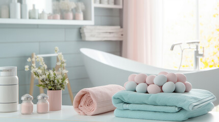 pastel Easter-inspired bathroom interior, pastel blue and pink towels and easter-egg-shaped soap