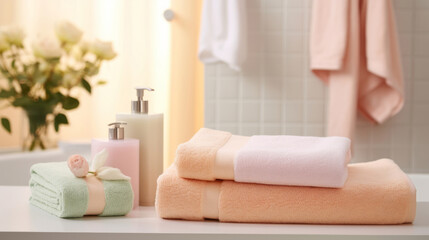 Fototapeta na wymiar pastel Easter-inspired bathroom interior, pastel blue tiles, close-up of pastel bath towels and soap bottles