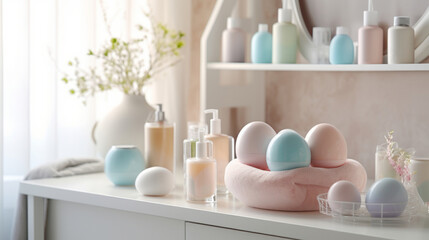 Fototapeta na wymiar pastel Easter-inspired bathroom interior, pastel bottles, pink towel and easter-egg-shaped bottles