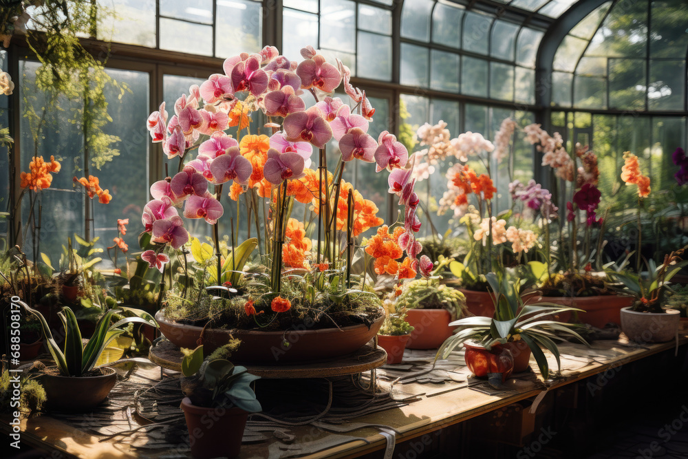 Poster Exotic orchids and rare botanical specimens thriving in a greenhouse for conservation and educational purposes. Generative Ai.