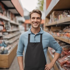 Male store attendant looks at camera and smiles