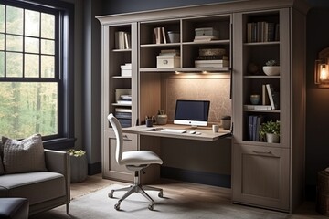 A compact home office with a fold-down desk, built-in storage, and a hidden Murphy bed, transforming the space into a versatile and multifunctional room