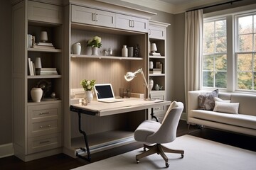 A compact home office with a fold-down desk, built-in storage, and a hidden Murphy bed, transforming the space into a versatile and multifunctional room