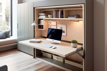 A compact home office with a fold-down desk, wall-mounted storage, and concealed technology for a versatile workspace