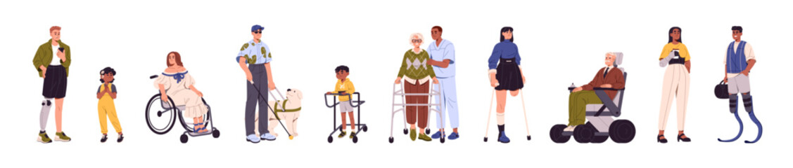 Inclusivity set. Diverse disabilited people with robotic prothesis. Blind man has guide dog. Happy kid in hearing aid, woman in wheelchair, girl without leg. Flat isolated vector illustration on white