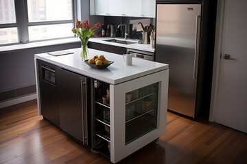 A compact kitchen with hidden appliances, sleek countertops, and a minimalist island, maximizing functionality in a small space - obrazy, fototapety, plakaty
