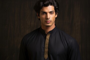 A man in black kurta with gold embroidery. Generative AI.