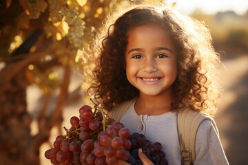 A child holding a bunch of ripe grapes, illustrating the simple joy of snacking on nature's candy. Concept of healthy eating habits from a young age. Generative Ai. - obrazy, fototapety, plakaty