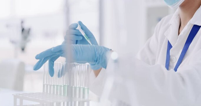 Woman, scientist and lab with test tube, pipette and pathology for experiment, alone or biotechnology. Specialist, worker or biology for analysis, testing and medicine in workplace, job or expert