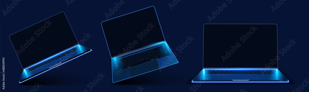 Aufkleber set of three futuristic virtual laptops with glowing blue neon edges on dark background. technologic