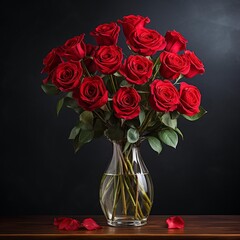  Bouquet of  red roses are in a glass vase  . AI Generative