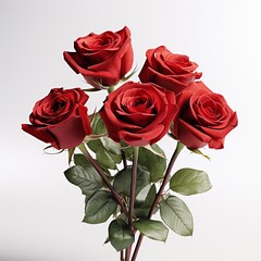 Red roses and leaves on white background   . AI Generative