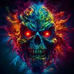 Zombie face with multicolored smoke and fire on dark background