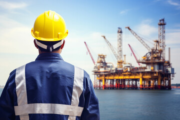 Engineer looking at oil platform, oil and gas industry - obrazy, fototapety, plakaty