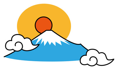 日本の静岡県側から見た富士山のご来光と和風のモコモコ雲のほのぼのイラスト ベクター