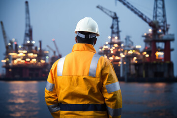 Engineer looking at oil platform, oil and gas industry - obrazy, fototapety, plakaty