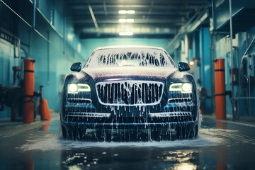 Generative AI Image of Black Car Washed with Foamy Soap Water at Car Wash Service - obrazy, fototapety, plakaty