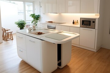 A compact kitchen with hidden appliances, sleek countertops, and a minimalist island, maximizing functionality in a small space