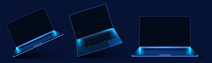 Set of Three Futuristic Virtual Laptops with Glowing Blue Neon Edges on Dark Background.  Technological background with a laptop. Vector illustration