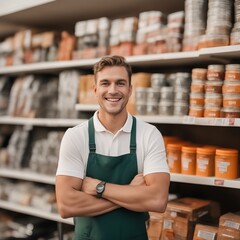Male store attendant looks at camera and smiles