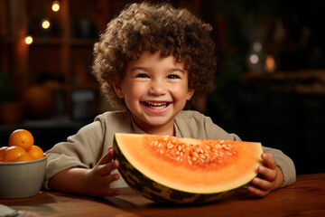 A child enjoying a slice of juicy cantaloupe, promoting the idea of introducing children to a variety of fruits for a well-rounded diet. Generative Ai. - obrazy, fototapety, plakaty
