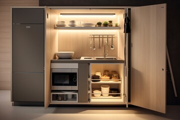 A compact kitchenette in neutral tones, featuring smart storage solutions and efficient space utilization