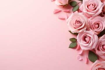 Fototapeta na wymiar Top view photo of pink peony roses and sprinkles on isolated pastel pink background with empty space ,AI Generate