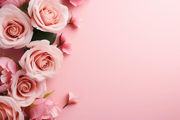 Top view photo of pink peony roses and sprinkles on isolated pastel pink background with empty space  ,AI Generate