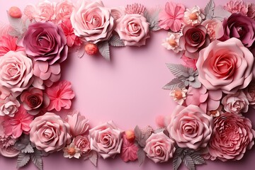 Fototapeta na wymiar Flower roses frame on pink pastel background ,AI Generate