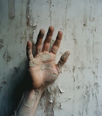 A hand with dirt on it is shown in front of a wall. Generative AI.