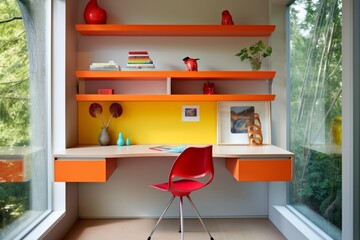 A compact study area with a floating desk, built-in shelves, and a splash of vibrant color for inspiration