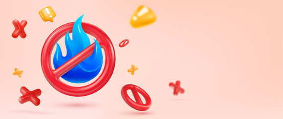 Gas sanction embargo pipeline. Prohibition gas energy. Embargo of natural energy resources. Blue stylised 3d Gas Fire Flame with forbidden signs on light background vector illustration.