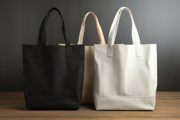A series of blank canvas tote bags neatly displayed, promoting the versatility of a simple and eco-friendly accessory. Generative Ai.
