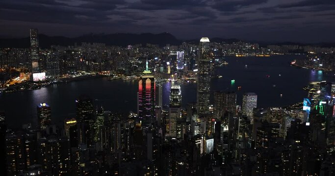 View of Hong Kong and Kowloon form top of  Victoria Peak. Blue hour dusk to sun down.