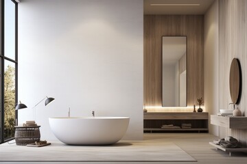Fototapeta na wymiar A contemporary bathroom with a freestanding bathtub, minimalist fixtures, and a large mirror, creating a luxurious spa-like retreat for relaxation