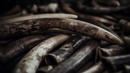 Elephant tusks illegal endangered ivory sold by wildlife poachers on a market in Asia causing animal extinction
